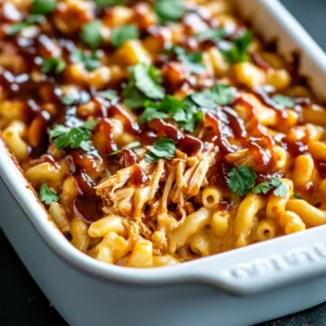 BBQ Pulled Chicken Mac and Cheese with cilantro garnish and BBQ sauce drizzle