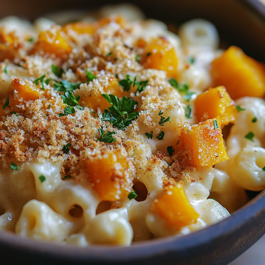 Butternut Squash Mac ‘n’ Cheese Comfort Food Twist in a rustic bowl, topped with golden roasted squash and fresh parsley.