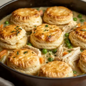 Chicken Pot Pie with golden biscuit topping, creamy filling with chicken, carrots, and peas