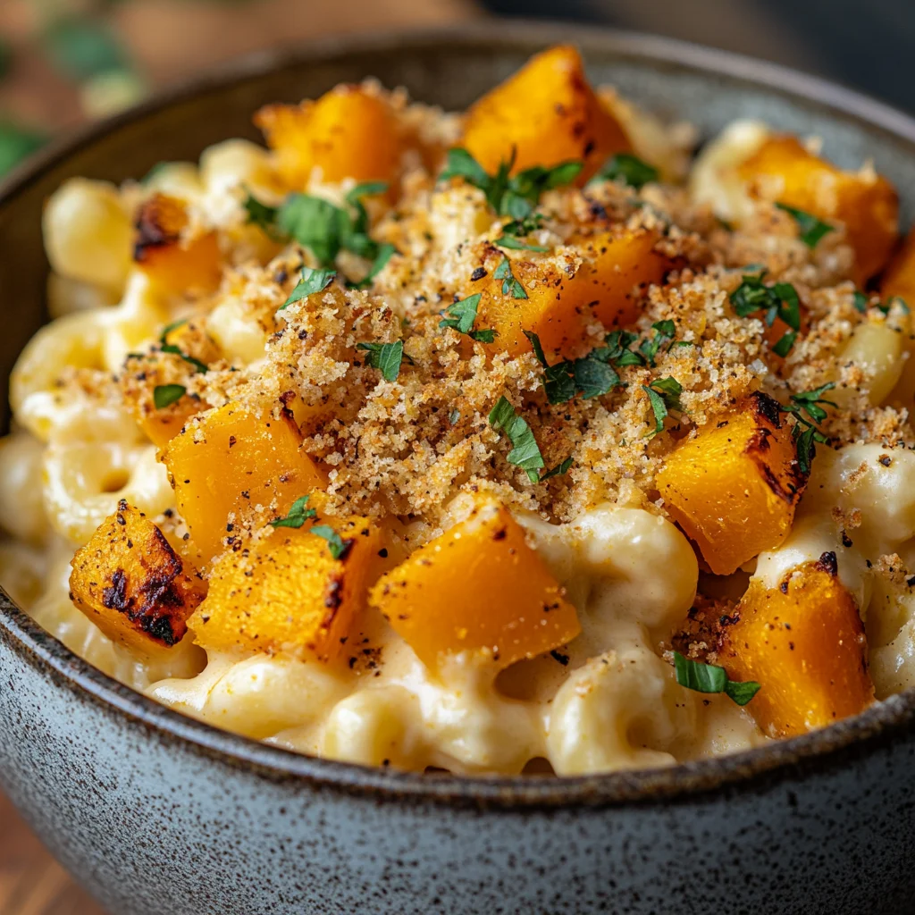 Comfort Food Twist – A creamy bowl of Butternut Squash Mac ‘n’ Cheese with roasted squash and crispy breadcrumbs, showcasing a comforting twist on a classic dish.