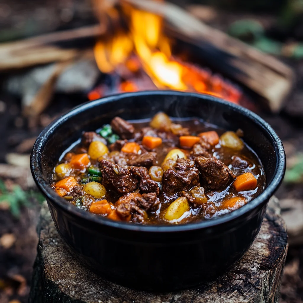 Slow Cooker Camping Recipes Beef Stew Cooking at a Campsite