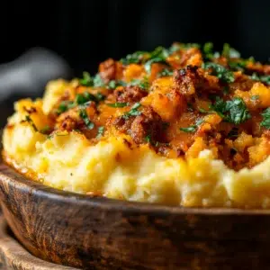 Comfort Food Twist – Spicy Chorizo Shepherd’s Pie with golden mashed potato topping and smoky chorizo filling.