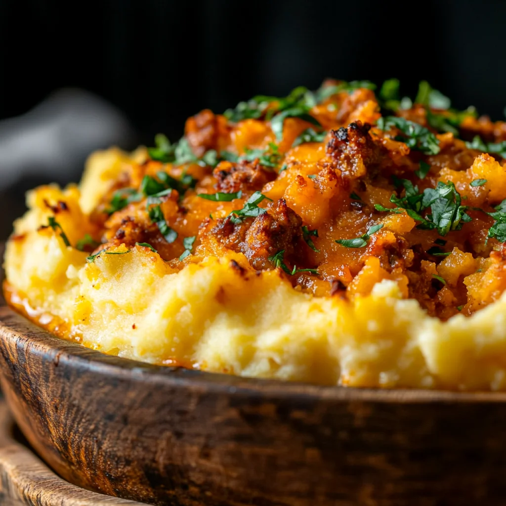 Comfort Food Twist – Spicy Chorizo Shepherd’s Pie with golden mashed potato topping and smoky chorizo filling.