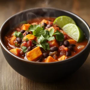 Freshly made Sweet Potato and Black Bean Chili with cilantro garnish and lime wedges.