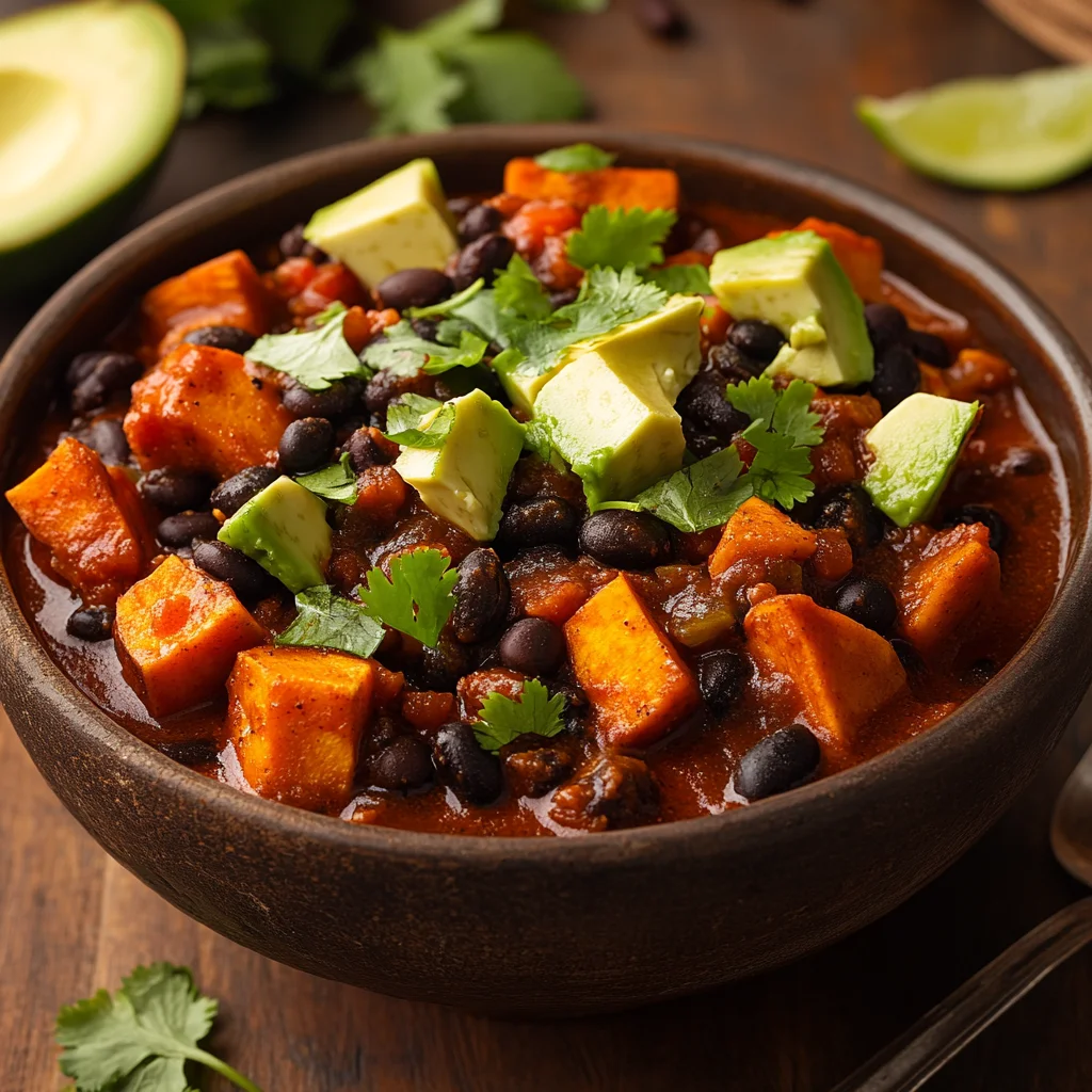 Comfort Food Twist – Sweet Potato and Black Bean Chili with fresh cilantro and lime