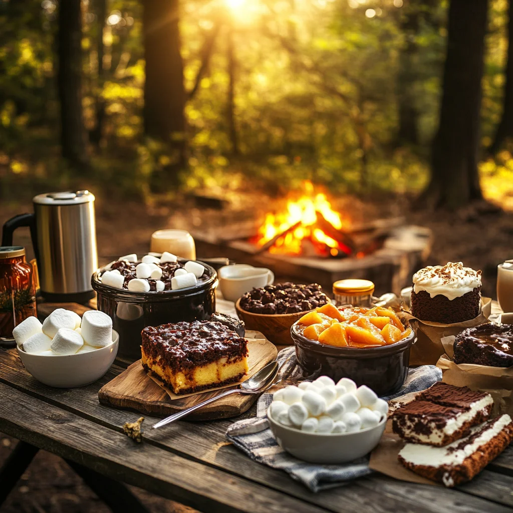 Delicious crockpot desserts for camping, including s’mores lava cake, peach dump cake, and chocolate lava cake in a cozy forest campsite setting