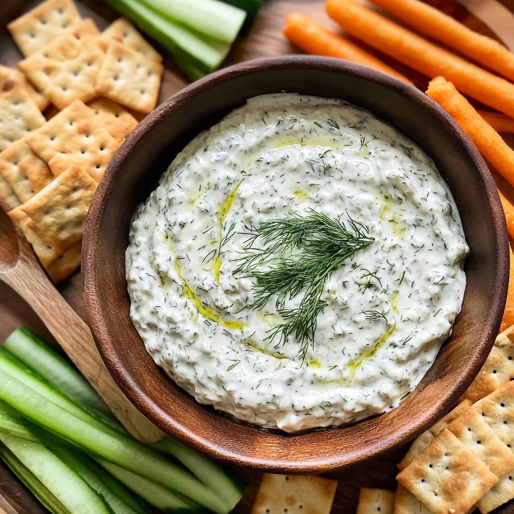 Creamy garlic dill sunflower dip served with veggie sticks and crackers.