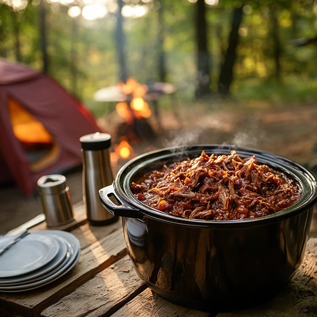 How to prep slow cooker meals for camping with a hearty meal in a crockpot surrounded by camping gear and a campfire
