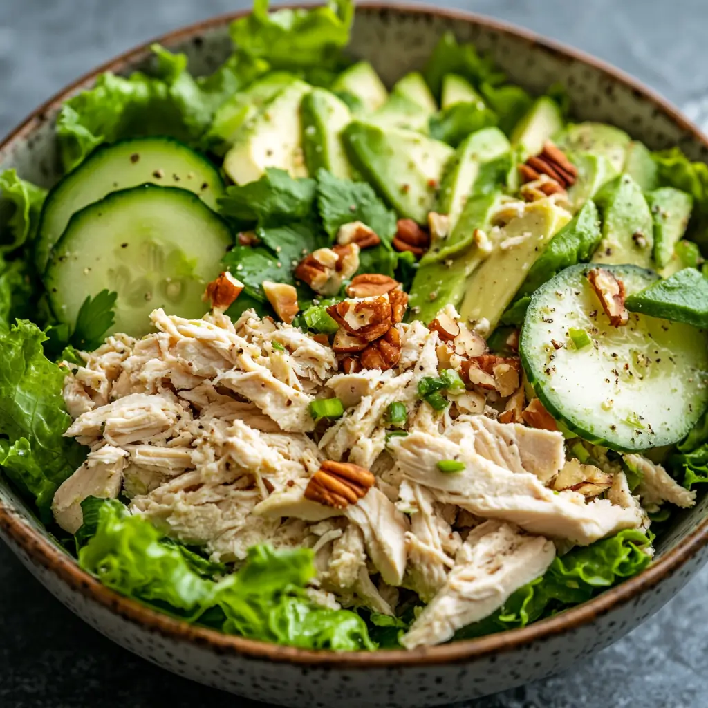 Keto Recipes Fresh homemade keto chicken salad with shredded chicken, avocado, cucumber, lettuce, and nuts in a bowl.