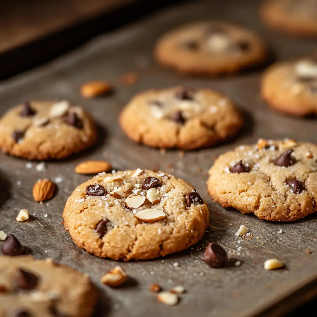 Freshly Baked Keto Almond Flour Cookies Homemade keto almond flour cookies with chocolate chips, warm and golden brown, on a baking sheet.