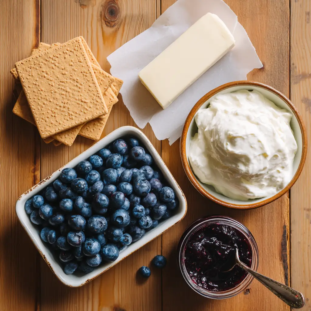 Ingredients laid out for no bake blueberry cheesecake including crackers, cream cheese, and blueberries