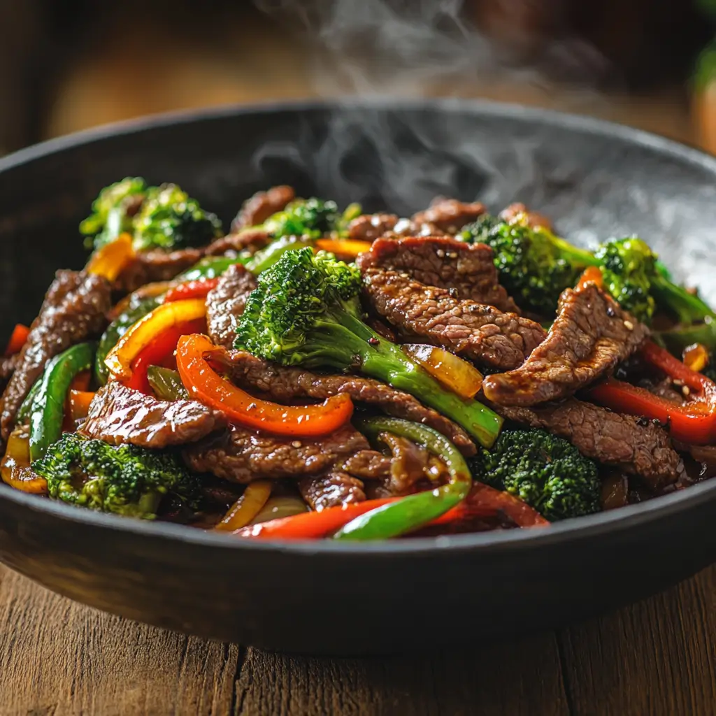 Keto Beef Stir-Fry with Fresh Vegetables Keto beef stir-fry with bell peppers, broccoli, and onions in a savory soy sauce-based sauce served on a rustic wooden table.