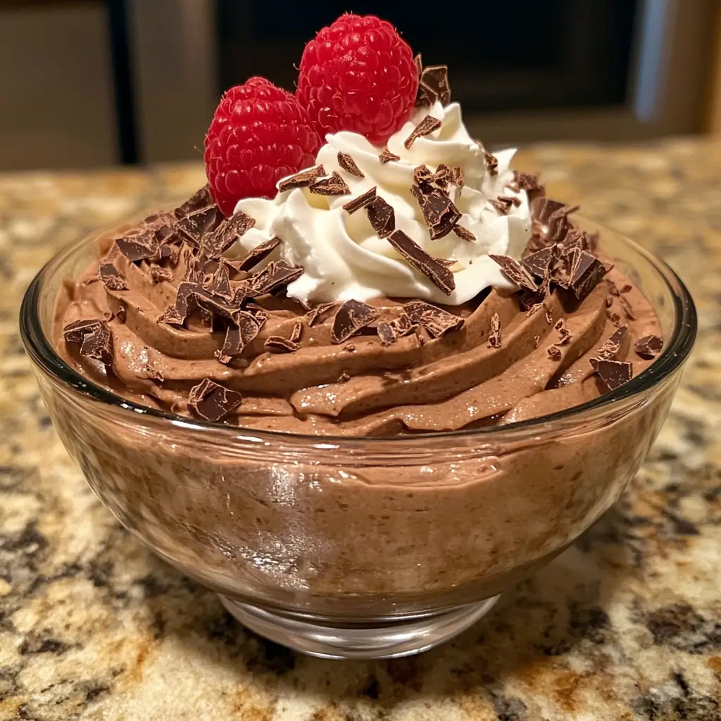 Keto chocolate mousse in a glass bowl, topped with whipped cream, raspberries, and chocolate shavings.