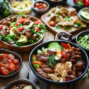 A variety of keto dishes, including keto beef stir-fry, keto chicken salad with avocado, and keto chocolate mousse, beautifully arranged on a rustic wooden table.