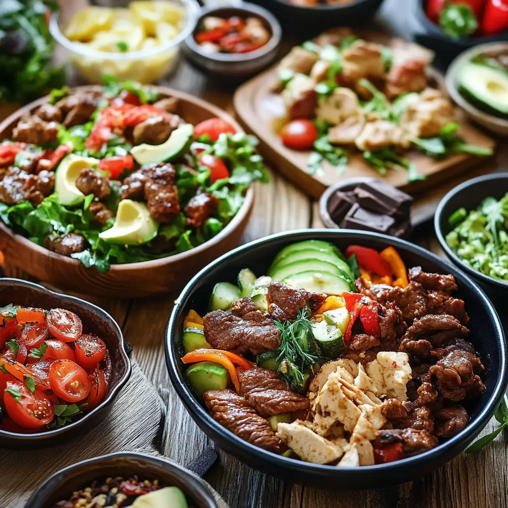 A variety of keto dishes, including keto beef stir-fry, keto chicken salad with avocado, and keto chocolate mousse, beautifully arranged on a rustic wooden table.