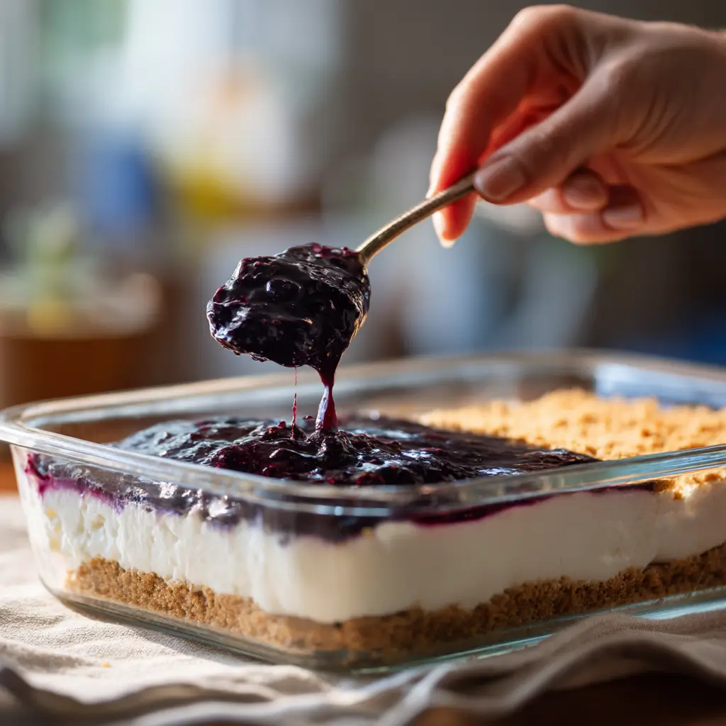 Hands layering cream and blueberry topping in a no bake cheesecake dish