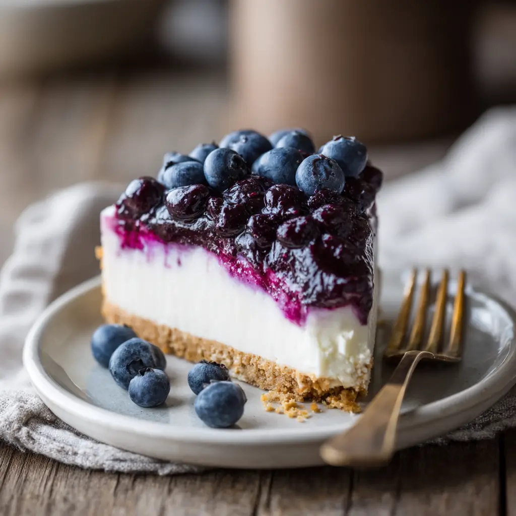 A plated slice of no bake blueberry cheesecake with blueberries and a gold fork