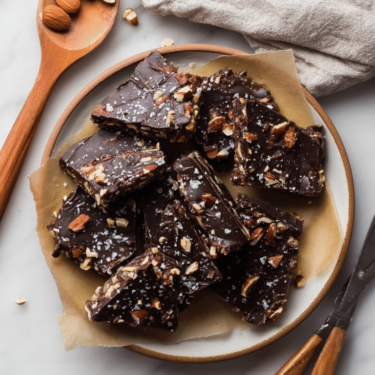 Finished chocolate date bark squares arranged on a ceramic plate with sea salt and nut garnish
