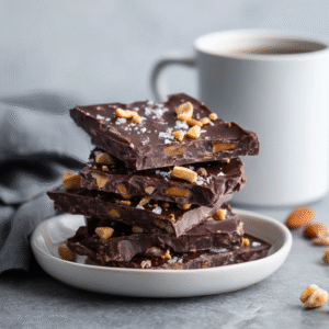 Chocolate date bark pieces served on a white ceramic plate with a white mug in a cozy kitchen