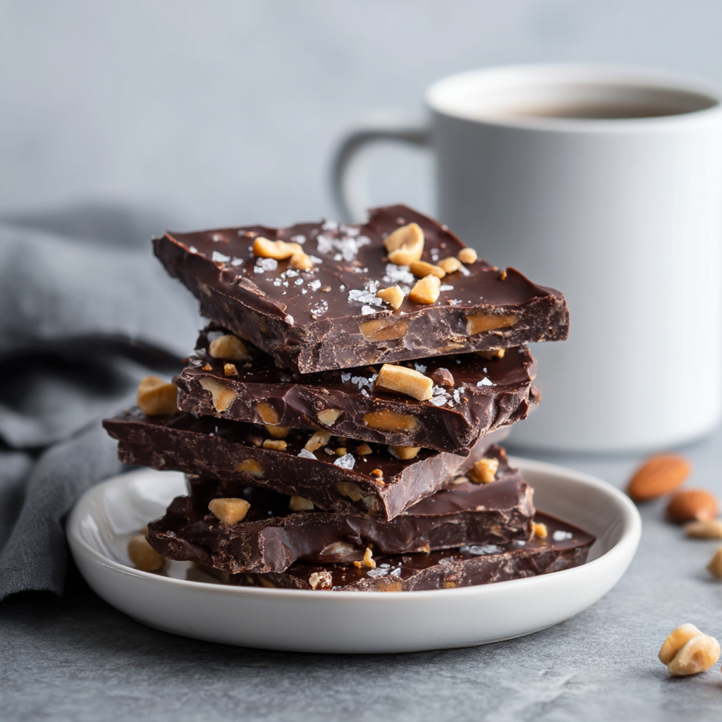Chocolate date bark pieces served on a white ceramic plate with a white mug in a cozy kitchen