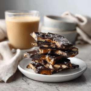 Plated date bark with chocolate, peanut butter, and almond layers on a marble kitchen counter