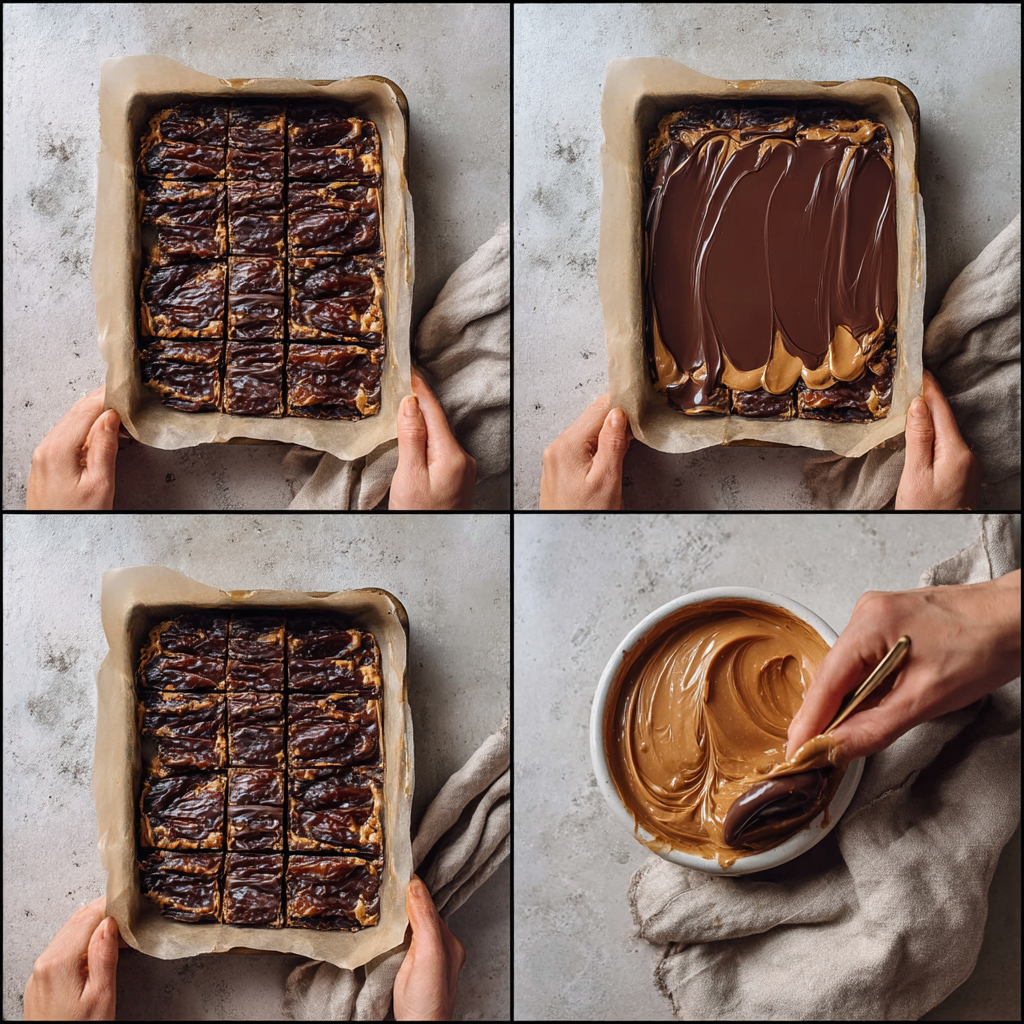 Four-part collage showing chocolate date bark steps: tray prep, date base, peanut butter spread, and chocolate pour