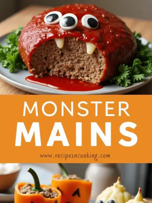 Halloween dinner featuring monster-shaped meatloaf, jack-o’-lantern stuffed peppers, and ghost mashed potatoes