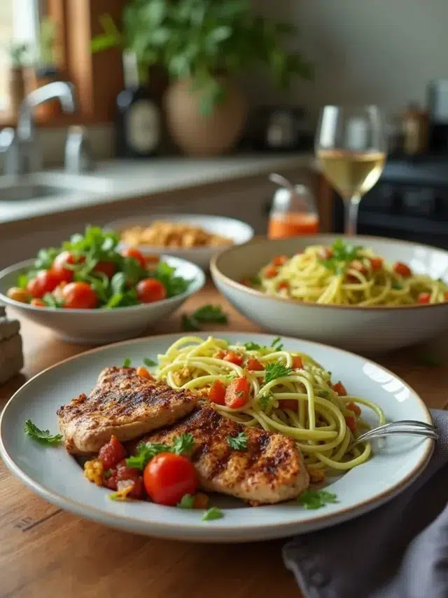 Cozy keto dinner spread featuring grilled chicken, roasted vegetables, and zucchini noodles.