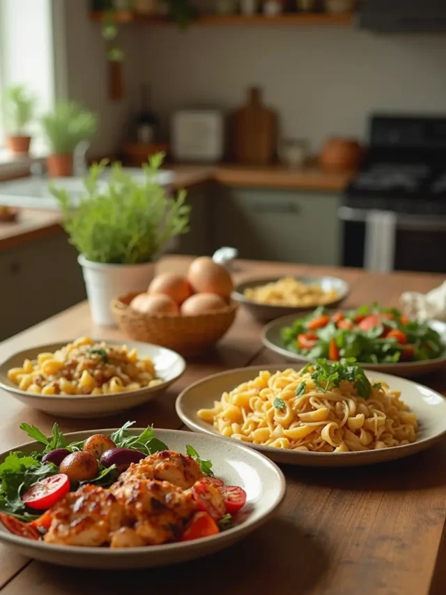 Cozy family-friendly spread of quick weeknight meals, including grilled chicken salad, roasted vegetables, and creamy pasta.