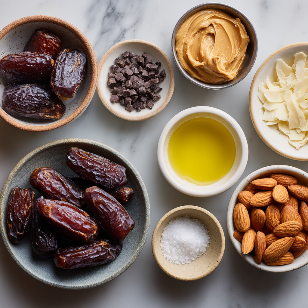 Medjool dates, nut butter, chocolate chips, and toppings arranged on a kitchen counter