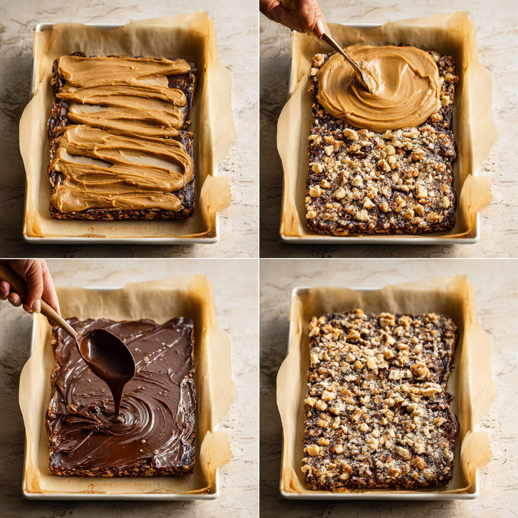 Four-step visual tutorial showing how to make chocolate date bark with dates, peanut butter, and melted chocolate