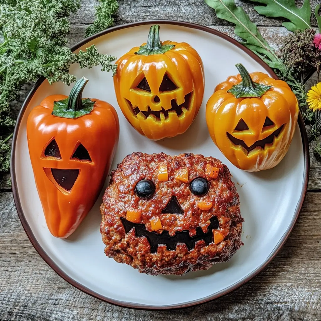 halloween food ideas : Halloween dinner with monster meatloaf and jack-o’-lantern stuffed peppers.