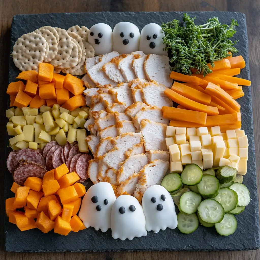 Halloween snack board with a mix of savory and sweet themed snacks.