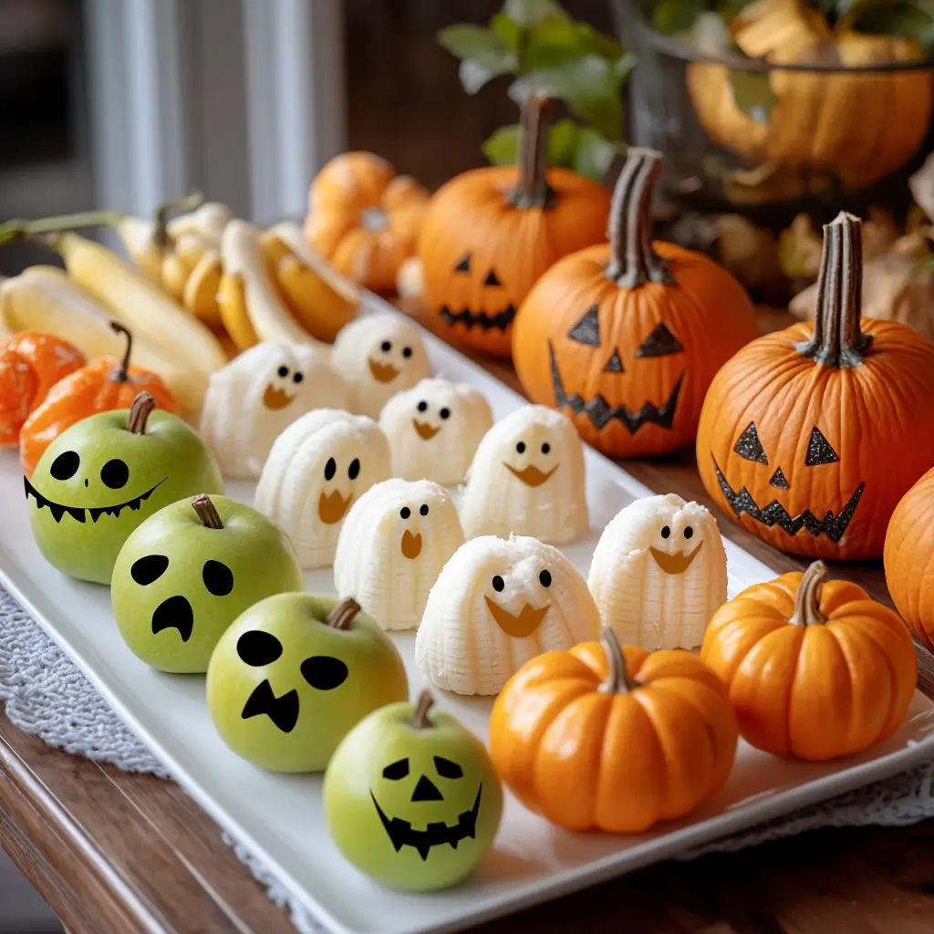 Healthy Halloween snacks made with fruit like apples, bananas, and clementines.
