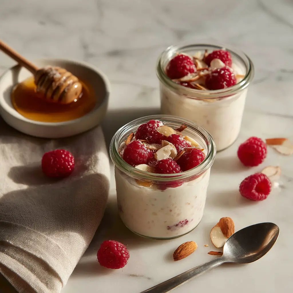 Raspberry yogurt cups topped with fresh raspberries and honey in jars