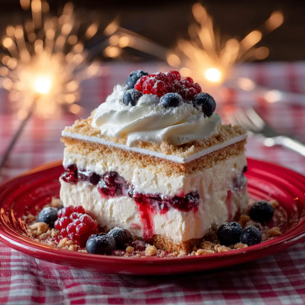 Slice of no-bake 4th of July ice cream sandwich cake