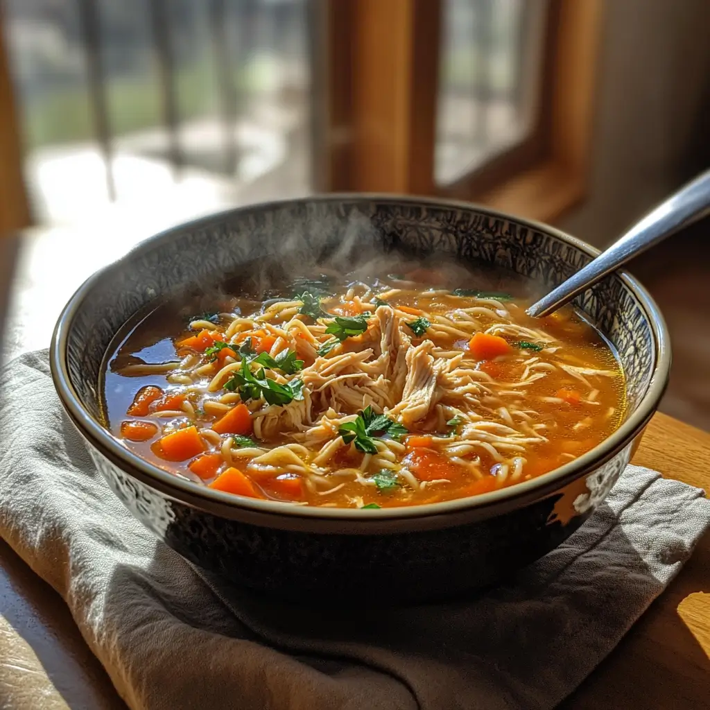 Bowl of Instant Pot chicken noodle soup