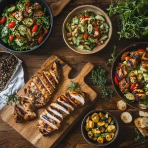 Assortment of keto dinner recipes on a rustic wooden table