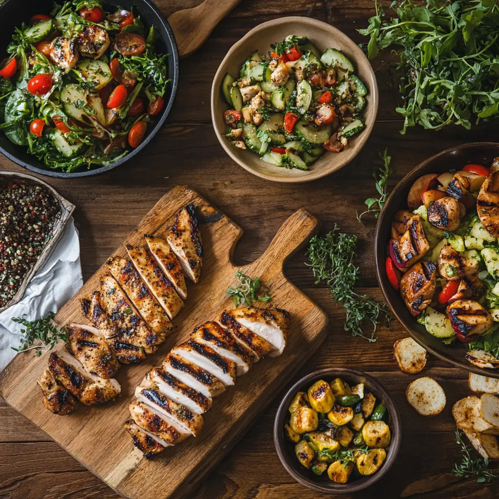 Assortment of keto dinner recipes on a rustic wooden table