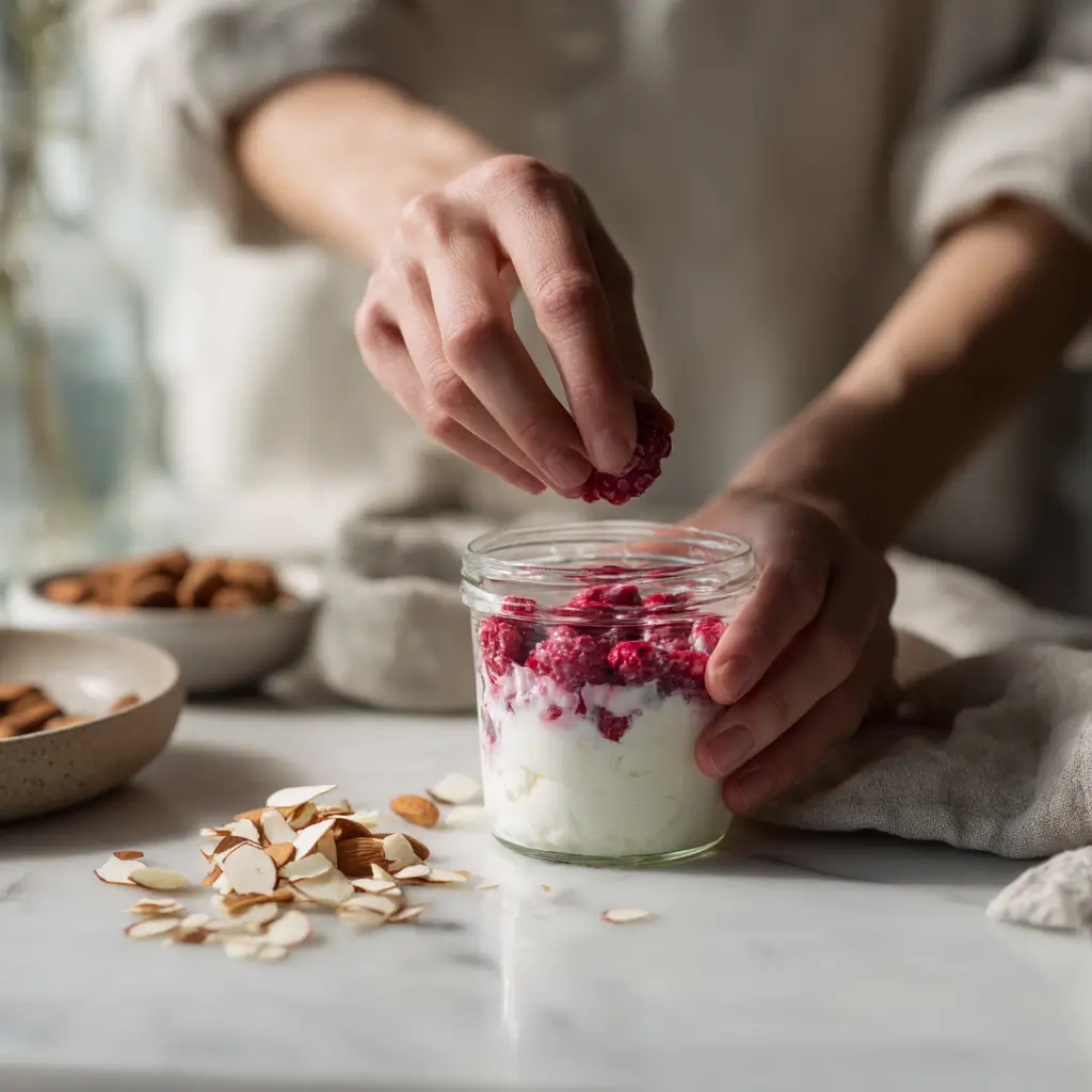 Spoon layering yogurt and mashed raspberries in a clear dessert glass