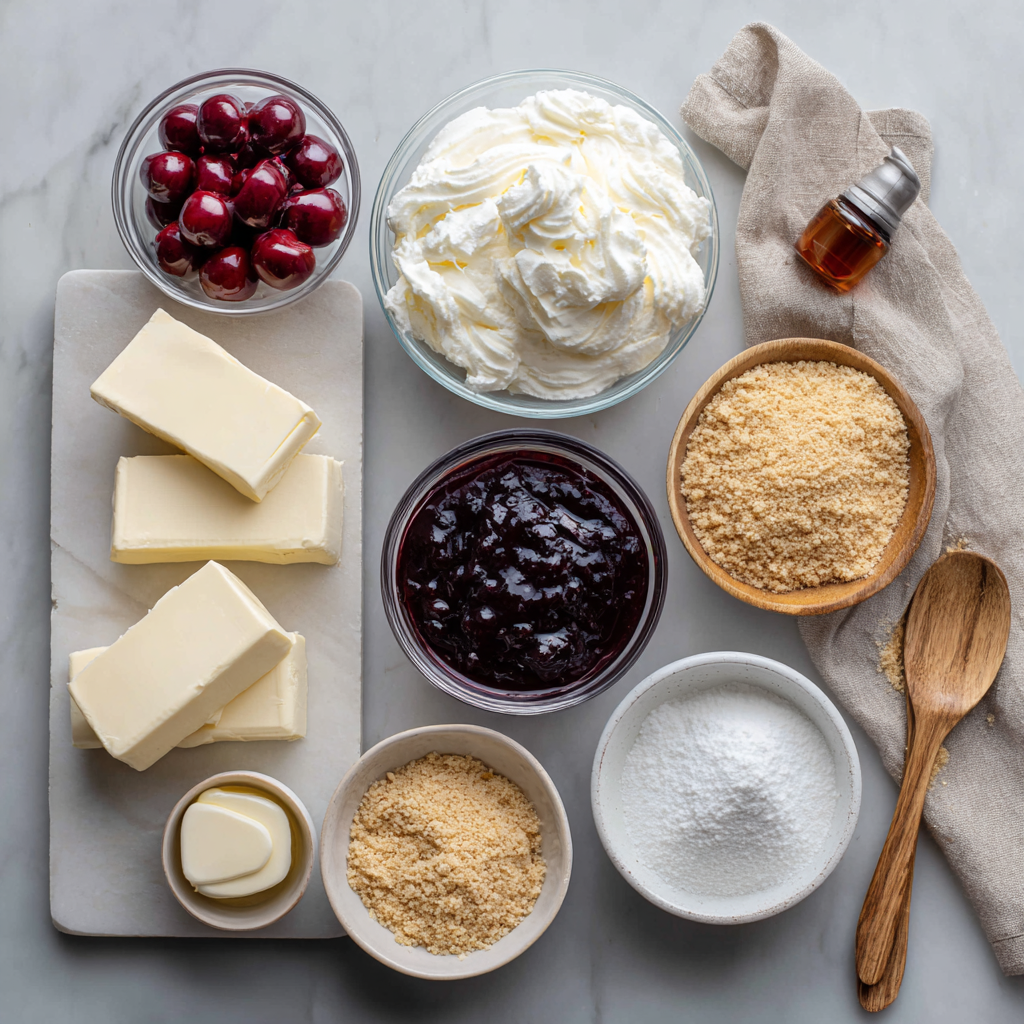 Flat lay of cheesecake ingredients on marble countertop including cream cheese, cherry filling, and graham crackers