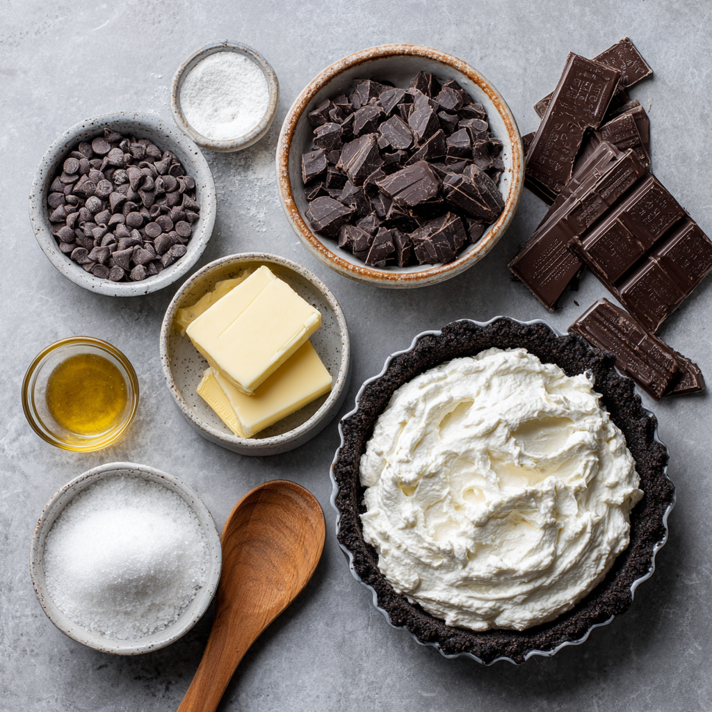 Flat lay of chocolate pie ingredients on marble countertop