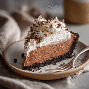 A plated slice of chocolate pie with whipped topping