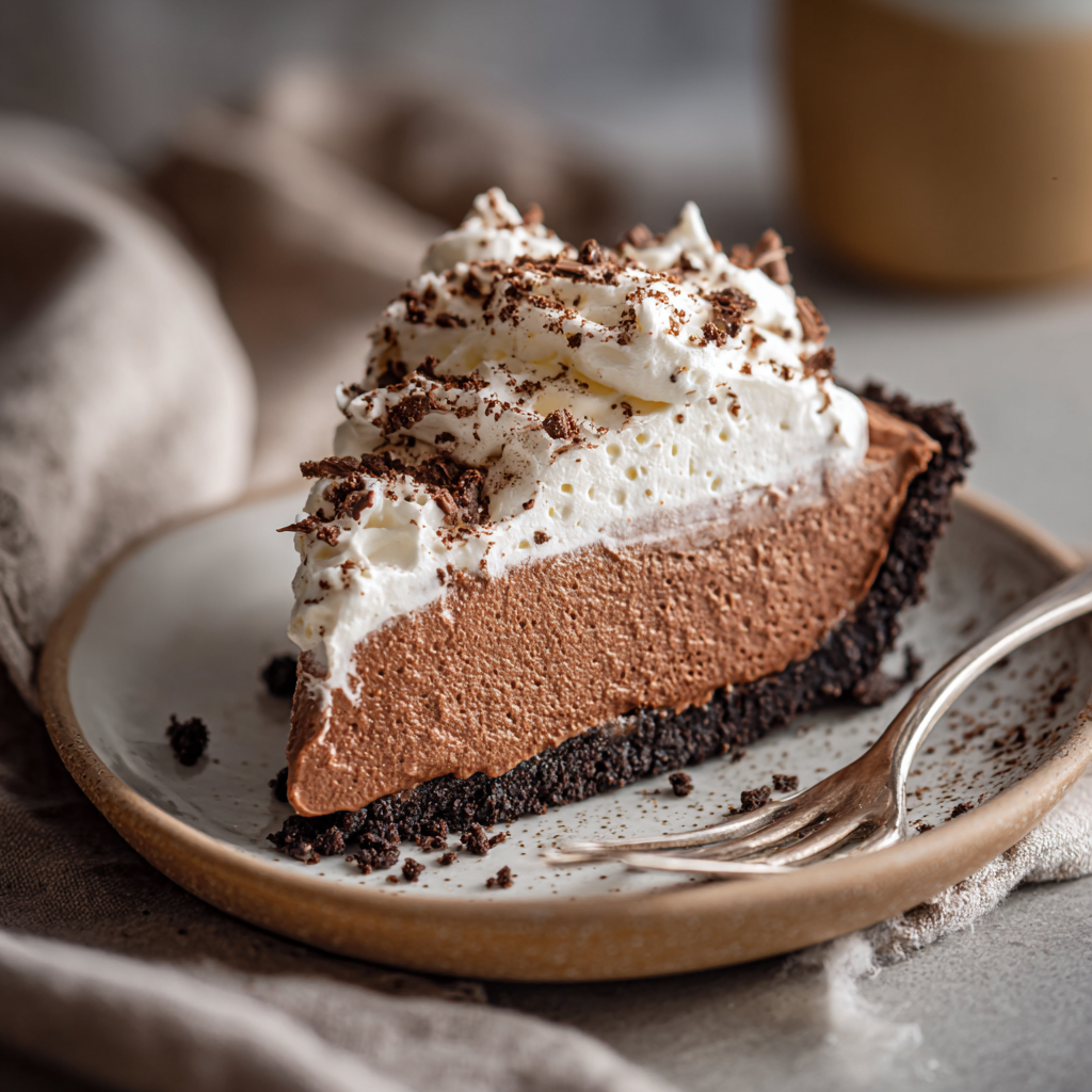 A plated slice of chocolate pie with whipped topping