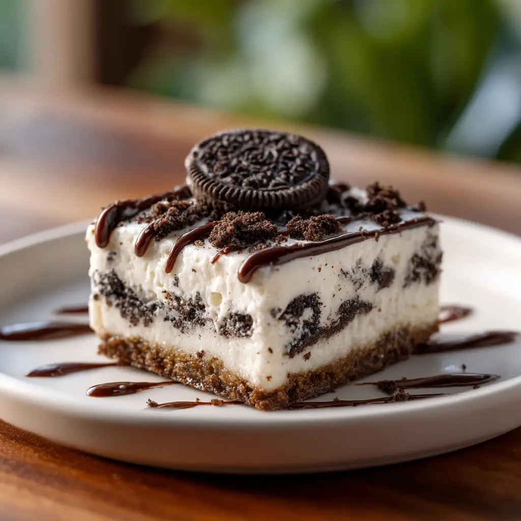 Final no bake Oreo dessert square on a plate