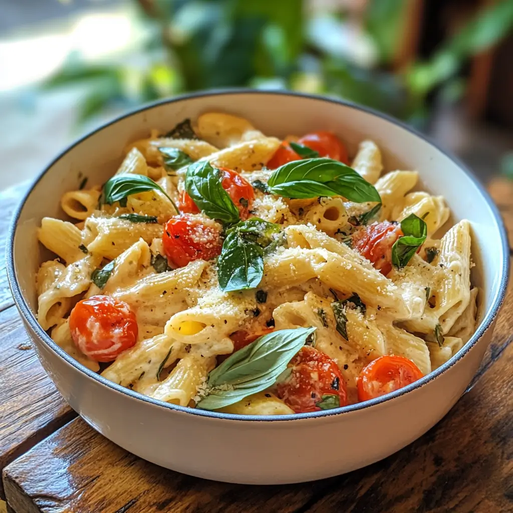 One-pot pasta dish with tomatoes and basil