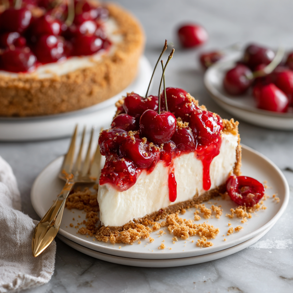 Slice of cherry-topped cheesecake served on white plate with cozy kitchen styling