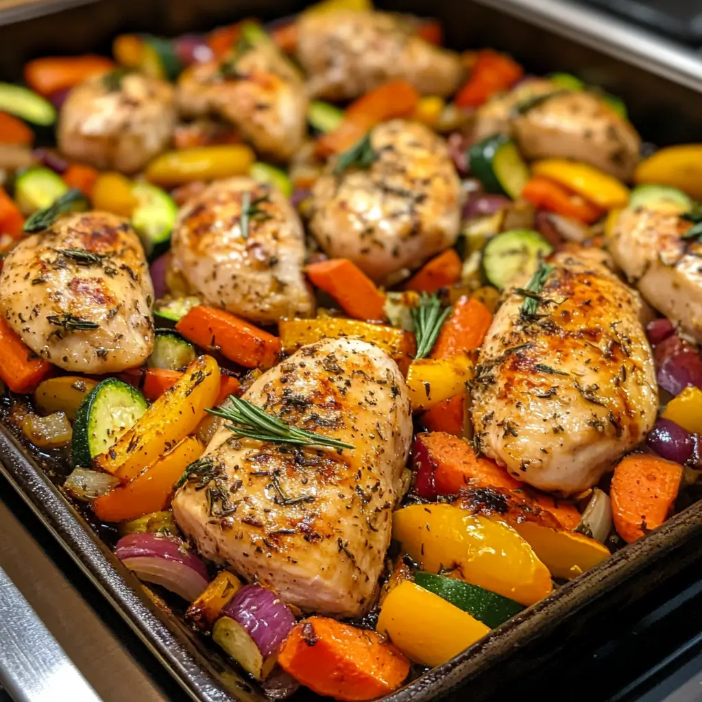 Sheet pan chicken with colorful vegetables