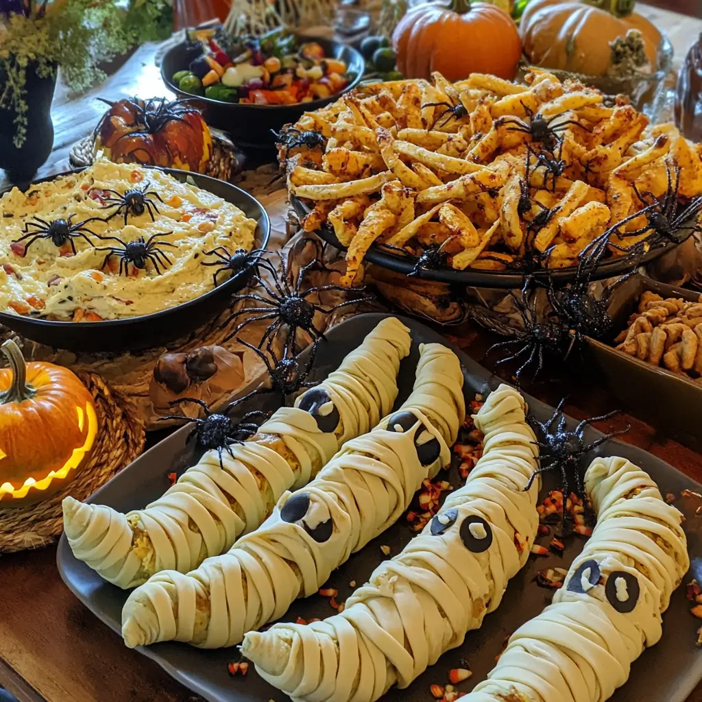 Spooky Halloween appetizer spread with themed finger foods.