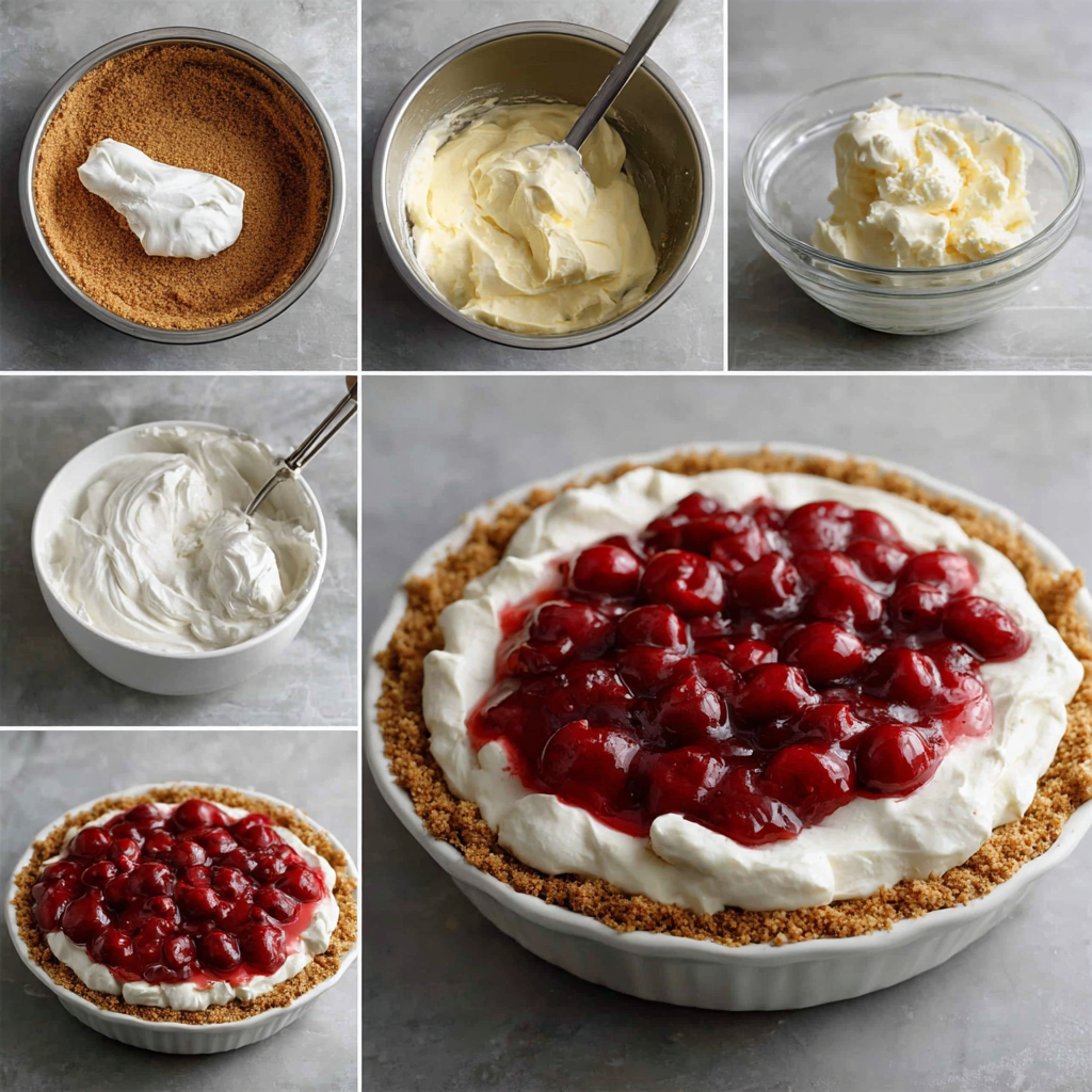 Image collage showing preparation steps for no-bake cherry cheesecake